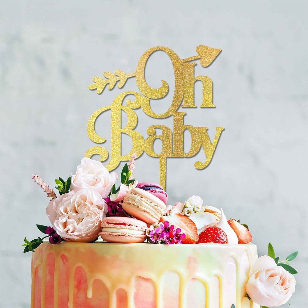 Personalized Baby Name Golden Glitter Cake Topper Custom Welcome Baby Shower Decorations Calligraphy Birthday Heart Boy or Girl Table Centerpiece, Script