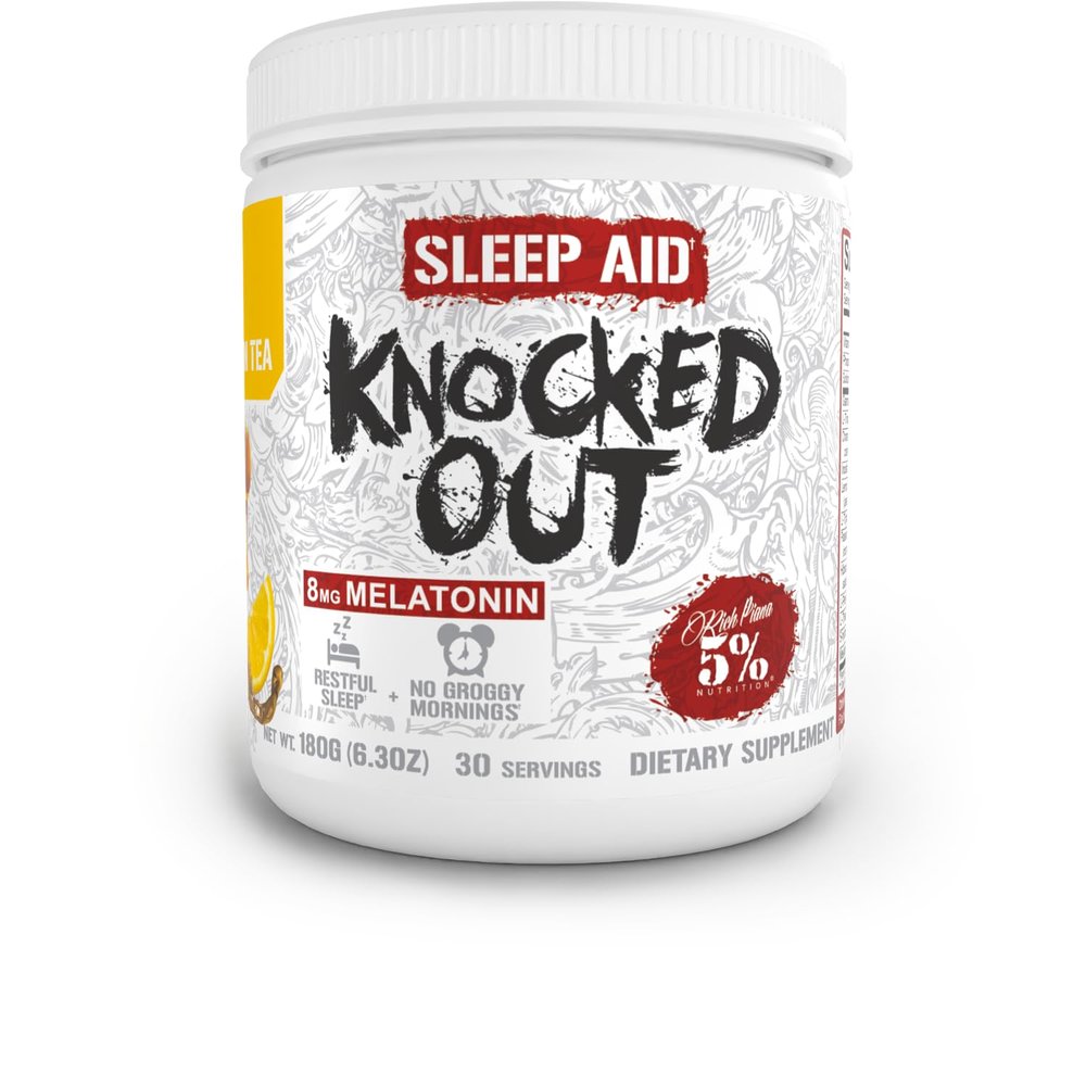 5% Nutrition Rich Piana Knocked Out Natural Sleep Aid Powder | Post-Workout Recovery & Deep Sleep Supplement | GABA, Melatonin, Chamomile, Tyrosine, 5-HTP, & More | 30 Servings (Honey Lemon Tea)