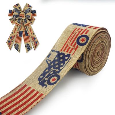 ALIBBON 4th of July Patriotic Burlap Ribbons, Wired Edge Ribbons American Flag Ribbons USA Vintage Truck Ribbons for Independence Day DIY Crafts Gift Wrapping Decorations 2.5 Inch x 10 Yards