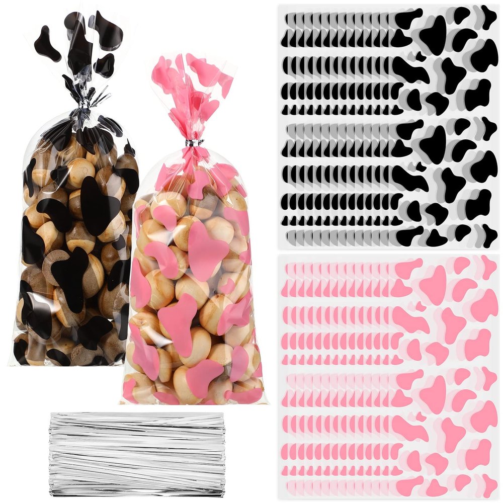Spakon 100 Pcs Cow Print Goodie Bags Cellophane Treat Gift Bags with Twist Ties for Cow Theme Birthday Party Favors Baby Shower Cowgirl Cowboy Party Supplies