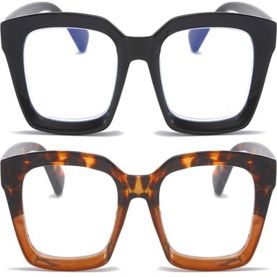 REAVEE 2 Pack Oprah Style Oversized Reading Glasses for Women Men Blue Light Blocking, Ladies Stylish Retro Square Large Computer Readers (Black/Leopard 2.25x)