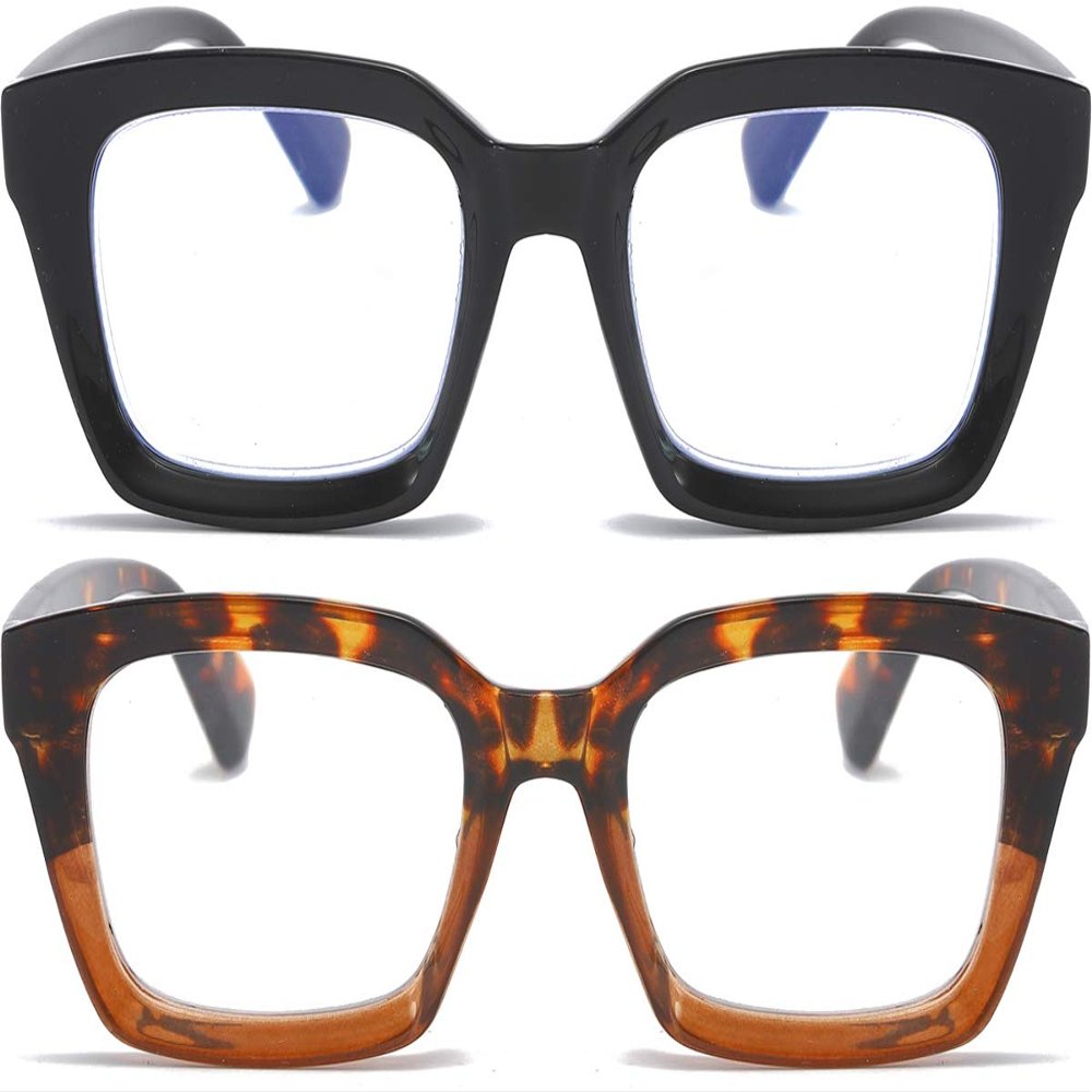 REAVEE 2 Pack Oprah Style Oversized Reading Glasses for Women Men Blue Light Blocking, Ladies Stylish Retro Square Large Computer Readers (Black/Leopard 2.25x)