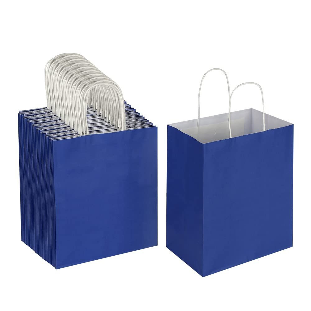 Oikss 100 Pack 8x4.75x10 Inch Medium Royal Blue Kraft Paper Bags with Handles Bulk for Birthday Wedding Party Favors Grocery Retail Shopping Business Goody Craft Gift Bags Sacks, (100pcs Count)