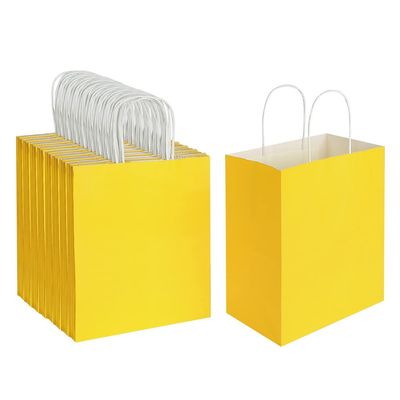 Oikss 100 Pack 8x4.75x10 Inch Medium Yellow Kraft Paper Bags with Handles Bulk for Birthday Wedding Party Favors Grocery Retail Shopping Business Takeout Goody Craft Gift Bags Sacks, (100pcs Count)