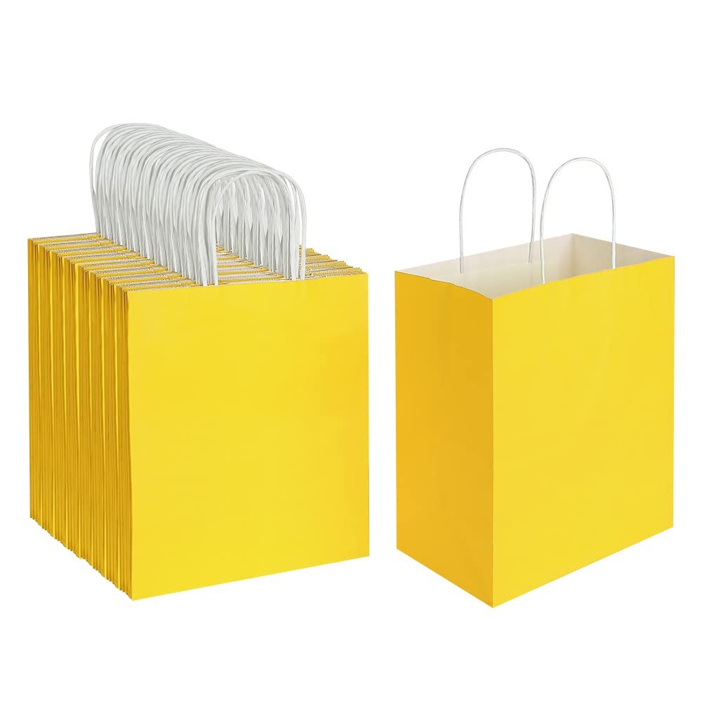 Oikss 100 Pack 8x4.75x10 Inch Medium Yellow Kraft Paper Bags with Handles Bulk for Birthday Wedding Party Favors Grocery Retail Shopping Business Takeout Goody Craft Gift Bags Sacks, (100pcs Count)