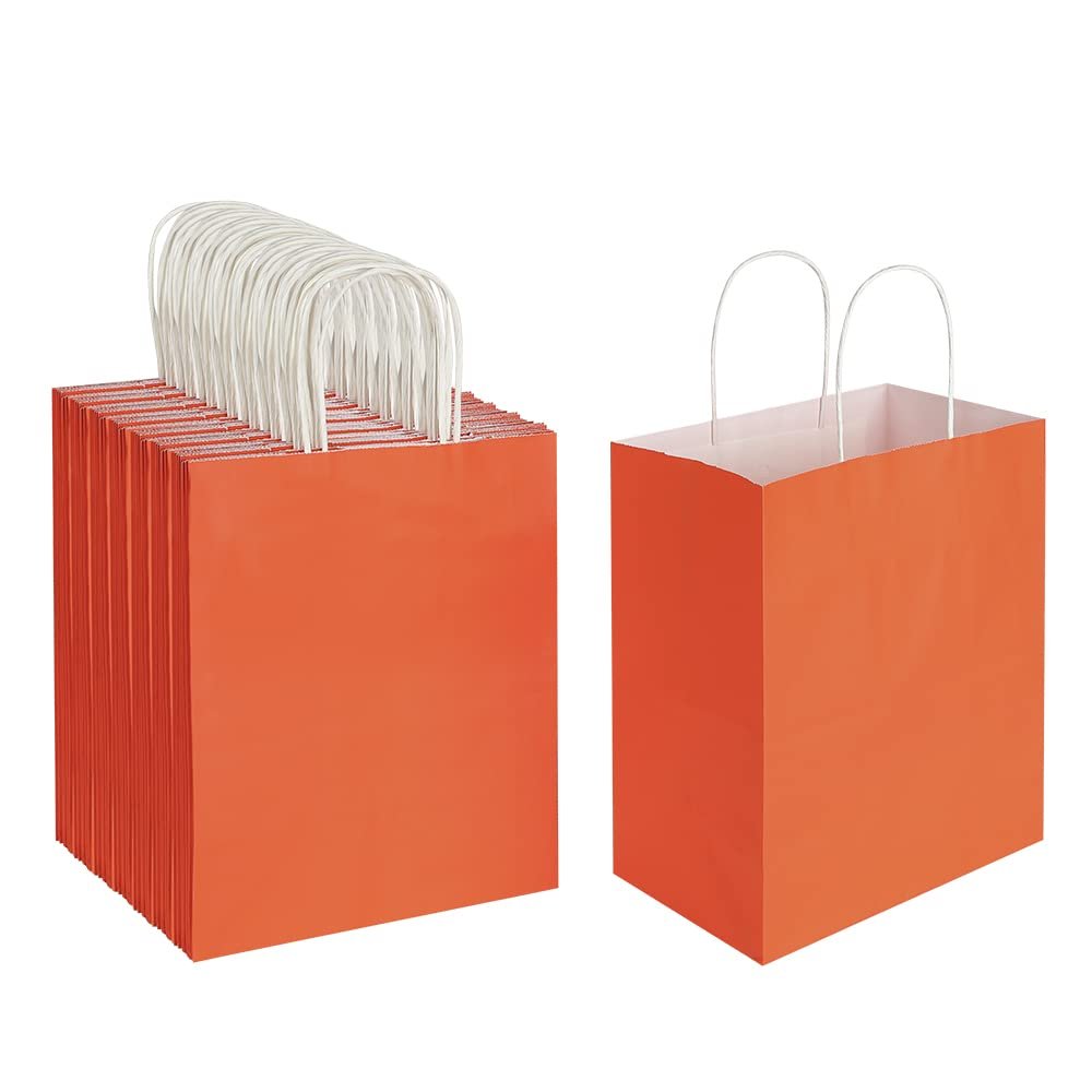 Oikss 100 Pack 8x4.75x10 Inch Medium Orange Kraft Paper Bags with Handles Bulk for Birthday Wedding Party Favors Grocery Retail Shopping Business Takeout Goody Craft Gift Bags Sacks, (100pcs Count)