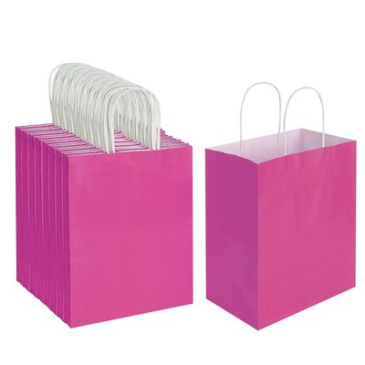 Oikss 100 Pack 8x4.75x10 Inch Medium Hot Pink Kraft Paper Bags with Handles Bulk for Birthday Wedding Party Favors Grocery Retail Shopping Business Goody Craft Gift Bags Sacks (Fuchsia 100pcs Count)