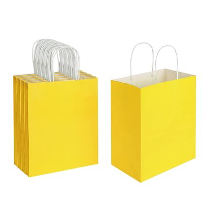 Oikss 50 Pack 8x4.75x10 Inch Medium Yellow Kraft Paper Bags with Handles Bulk for Birthday Wedding Party Favors Grocery Retail Shopping Takeout Business Goody Craft Gift Bags Sacks, (50pcs Count)