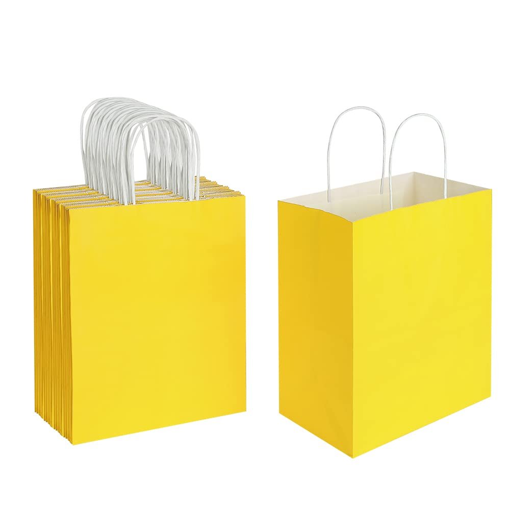 Oikss 50 Pack 8x4.75x10 Inch Medium Yellow Kraft Paper Bags with Handles Bulk for Birthday Wedding Party Favors Grocery Retail Shopping Takeout Business Goody Craft Gift Bags Sacks, (50pcs Count)