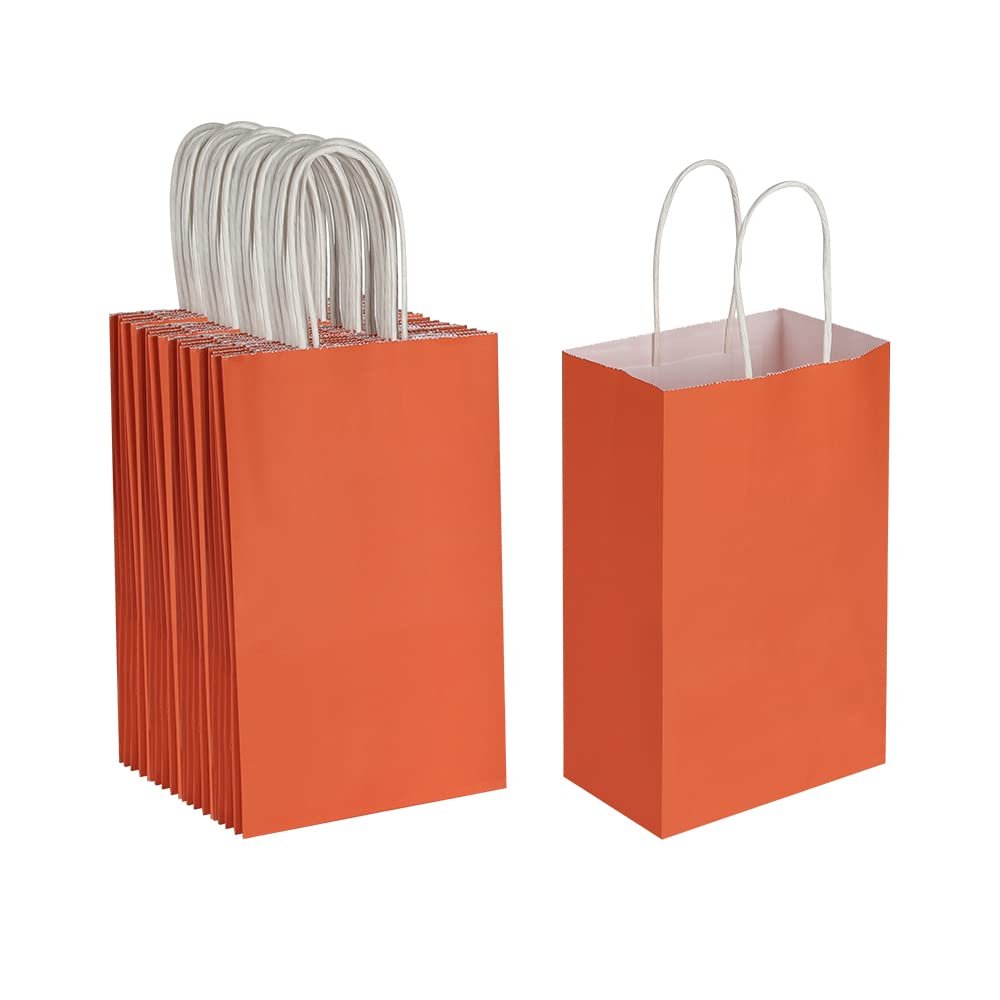 Oikss 50 Pack 5.25x3.25x8.25 Inch Small Orange Kraft Paper Bags with Handles Bulk for Birthday Wedding Party Favors Grocery Retail Shopping Business Goody Craft Gift Bags Cub Sacks, 50 Count