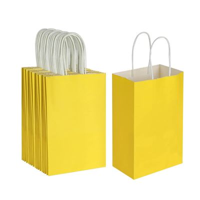 Oikss 50 Pack 5.25x3.25x8.25 Inch Small Yellow Kraft Paper Bags with Handles Bulk for Birthday Wedding Party Favors Grocery Retail Shopping Business Goody Craft Gift Bags Cub Sacks, 50 Count