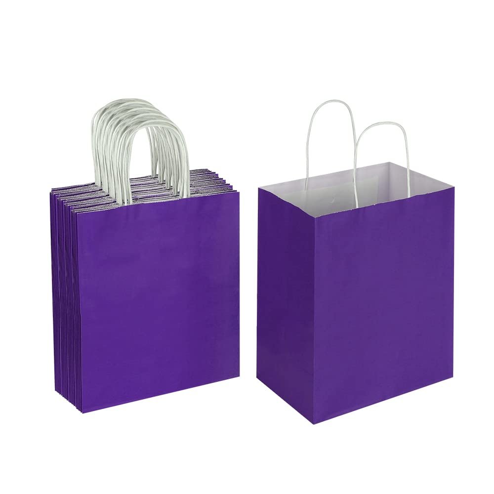Oikss 50 Pack 8x4.75x10 Inch Medium Purple Kraft Paper Bags with Handles Bulk for Birthday Wedding Party Favors Grocery Retail Shopping Takeout Business Goody Craft Gift Bags Sacks, (50pcs Count)