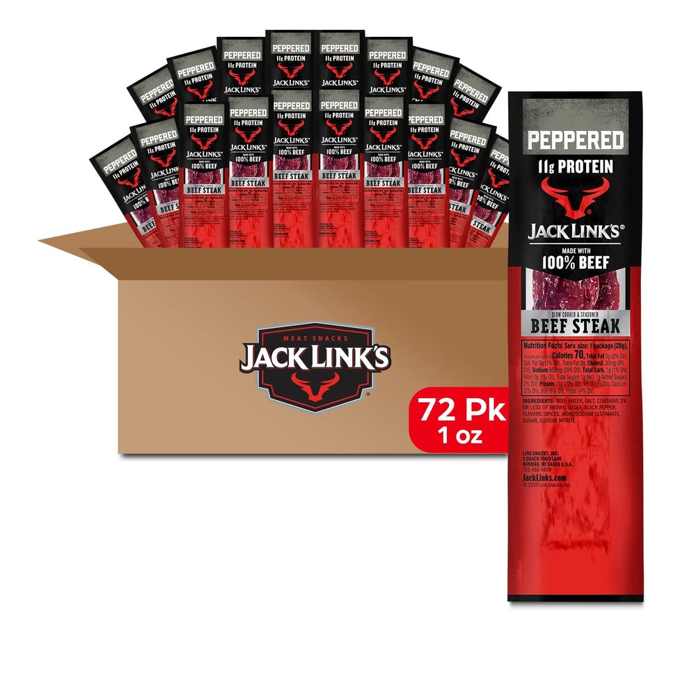 Jack Link's Beef Steak, Peppered Protein Snacks, Meat Snack with 11g of Protein, Made with 100% Beef, Individually Wrapped Bulk Snack Pack for Break Rooms 1 Oz. (72 Count)