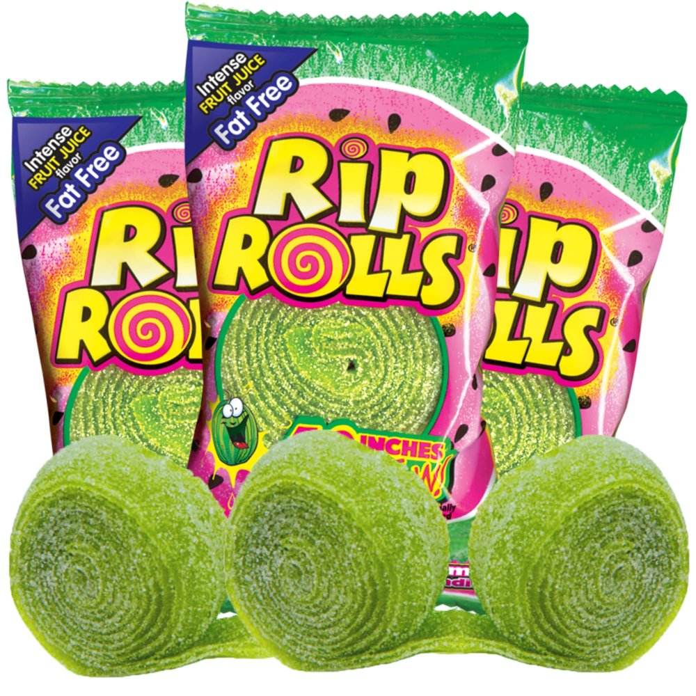 Needzo Rip Rolls Sour Candy Rolls, Watermelon Fruit Flavor Fat Free Licorice Belt Candies, Individually Wrapped Shareable Snacks for Boys or Girls, Pack of 3
