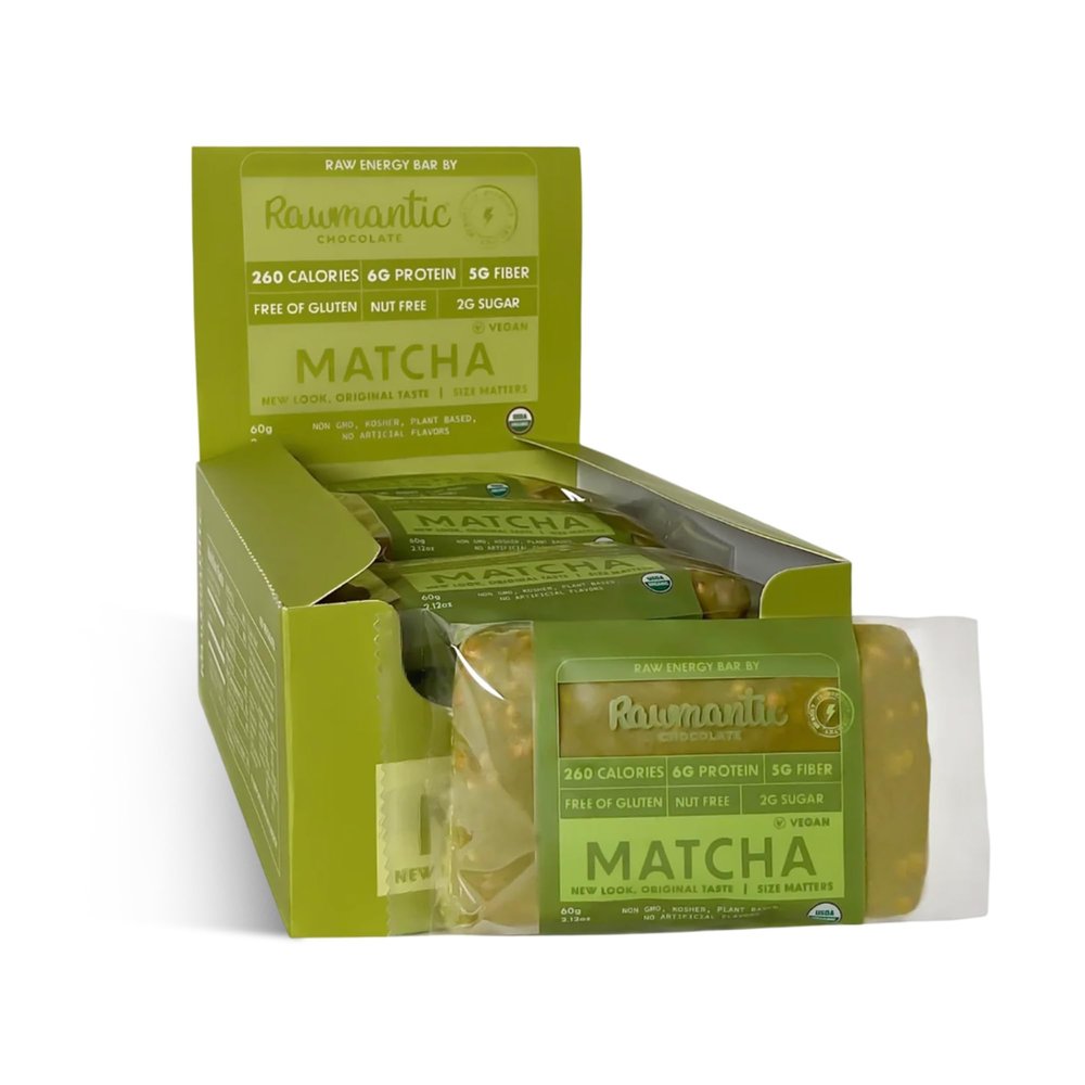 Rawmantic Matcha Protein Bar (12 Mini Bars x 60g)  Ceremonial Grade Matcha, Soluble Tapioca Fiber, Puffed Quinoa, Millet & Buckwheat - No Artificial Flavors, Plant-Based, Non-GMO & Kosher