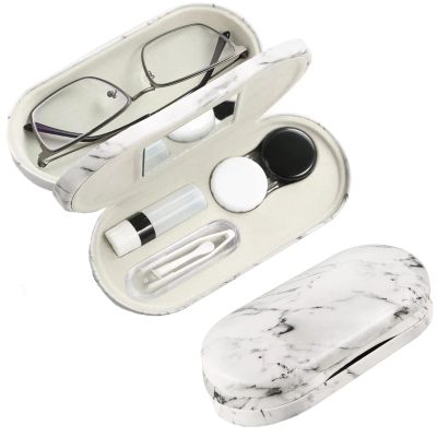 AITIME 2 in 1 Double Sided Portable Contact Lens and Eyeglasses Case, Marbling, Multifunction, Durable, Compact, Portable Storage Kit