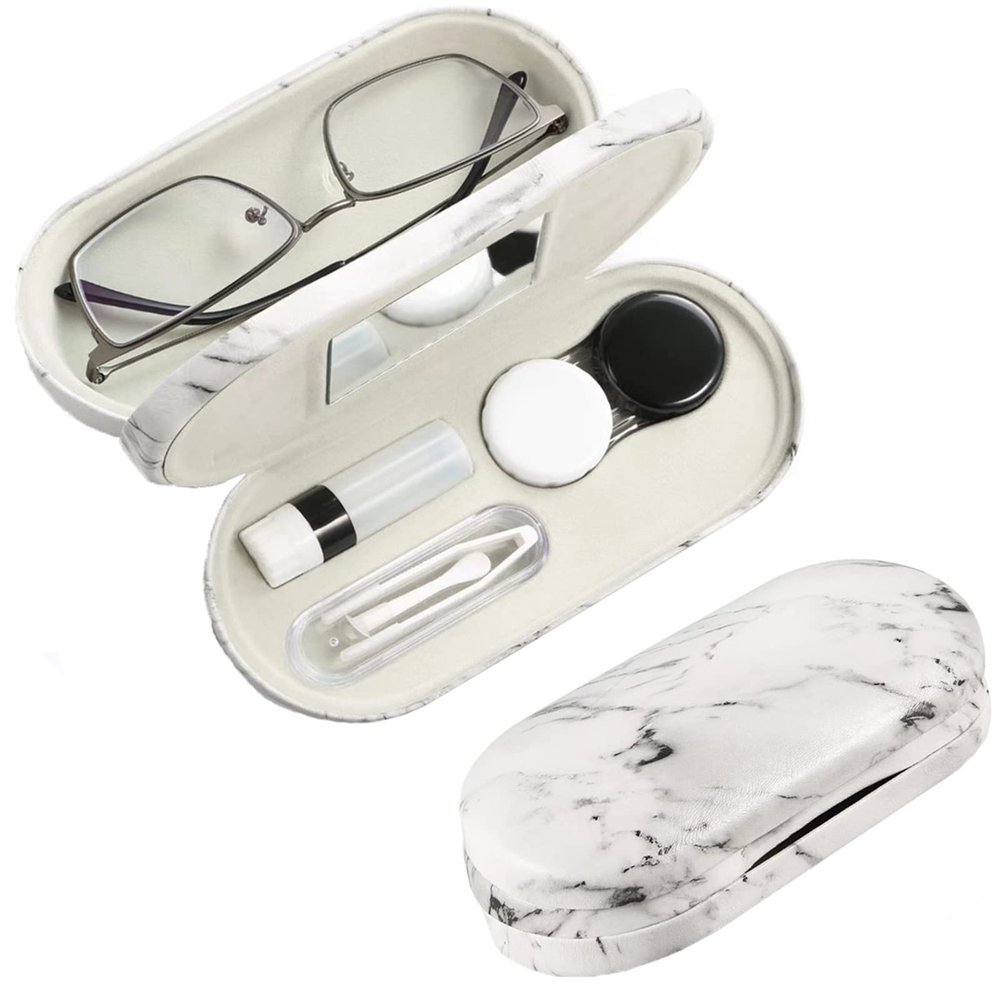 AITIME 2 in 1 Double Sided Portable Contact Lens and Eyeglasses Case, Marbling, Multifunction, Durable, Compact, Portable Storage Kit