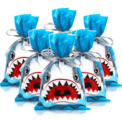 Whaline 100Pcs Shark Treat Bags Summer Ocean Sea Candy Cellophane Bag 6 x 9 Inch Blue Shark Plastic Goody Bags with Grey Ribbon for Birthday Shark Party Favor Supplies Gift Summer Decoration