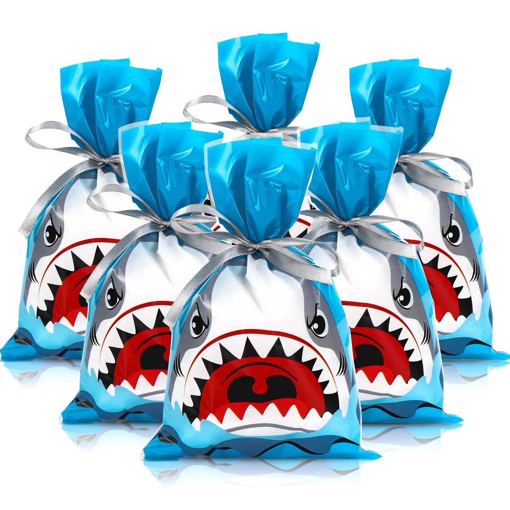 Whaline 100Pcs Shark Treat Bags Summer Ocean Sea Candy Cellophane Bag 6 x 9 Inch Blue Shark Plastic Goody Bags with Grey Ribbon for Birthday Shark Party Favor Supplies Gift Summer Decoration