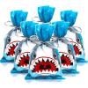 Whaline 100Pcs Shark Treat Bags Summer Ocean Sea Candy Cellophane Bag 6 x 9 Inch Blue Shark Plastic Goody Bags with Grey Ribbon for Birthday Shark Party Favor Supplies Gift Summer Decoration view 1