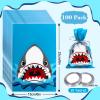 Whaline 100Pcs Shark Treat Bags Summer Ocean Sea Candy Cellophane Bag 6 x 9 Inch Blue Shark Plastic Goody Bags with Grey Ribbon for Birthday Shark Party Favor Supplies Gift Summer Decoration view 2