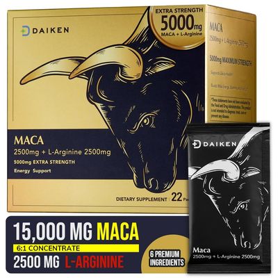 DAIKEN Peruvian Maca Root Powder Extra Strength 15,000 mg, Gelatinized Black, Red, Yellow Maca Blend with L-Arginine (2,500 mg) for Men and Women, Superior Absorption, Vegan, Lab Tested - 22 Packets