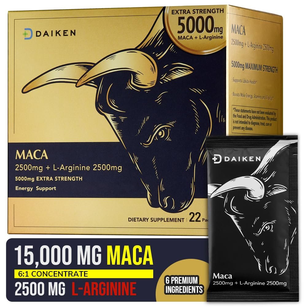 DAIKEN Peruvian Maca Root Powder Extra Strength 15,000 mg, Gelatinized Black, Red, Yellow Maca Blend with L-Arginine (2,500 mg) for Men and Women, Superior Absorption, Vegan, Lab Tested - 22 Packets