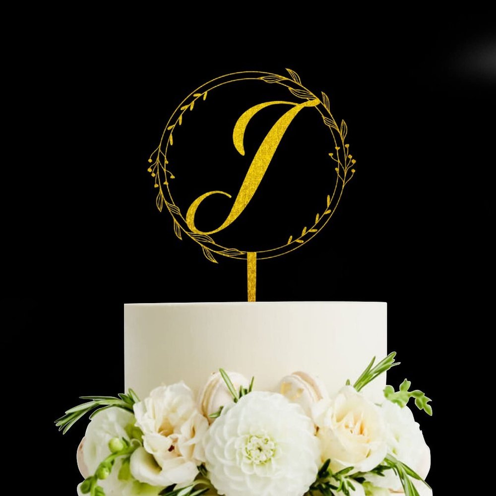 Initial Letter J Wedding Cake Topper Glitter Gold,Custom Initials Wreath Monogram Cake Topper for Wedding Party,Personalized Gifts for Mr & Mrs,Acrylic Birthday Mother's Day Cake Topper