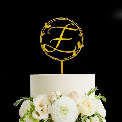 Initial Letter E Wedding Cake Topper Glitter Gold,Custom Initials Wreath Monogram Cake Topper for Bride and Groom,Birthday Cake Topper,Bridal Shower Cake Topper,Wedding Party Decoration