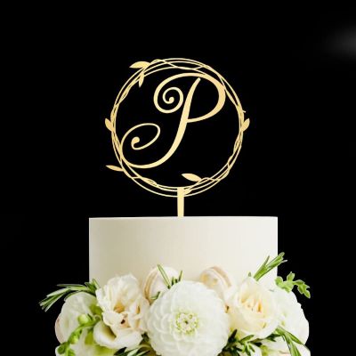 Mirror Gold Monogram P Wedding Cake Topper,Personalized Any Letter Initials Wreath Cake Topper for Couple,Custom Unique Cake Topper for Wedding Engagement Anniversary Party Decoration
