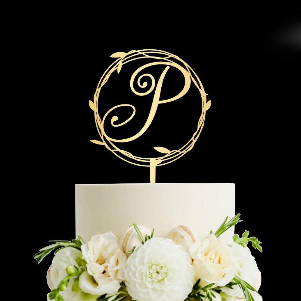 Mirror Gold Monogram P Wedding Cake Topper,Personalized Any Letter Initials Wreath Cake Topper for Couple,Custom Unique Cake Topper for Wedding Engagement Anniversary Party Decoration