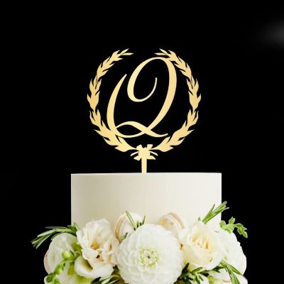 Mirror Gold Monogram Q Wedding Cake Topper,Personalized Any Letter Initials Wreath Cake Topper for Couple,Custom Unique Cake Topper for Wedding Engagement Anniversary Party Decoration