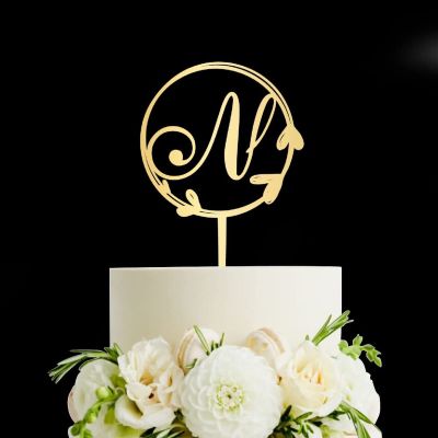 Initial Letter N Wedding Cake Topper Mirror Gold,Personalized Initials Wreath Monogram Cake Topper for Couple,Custom Unique Cake Topper for Wedding Engagement Anniversary Party Decoration