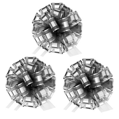 InstaBows 3-Pack 8-Inch Silver Organza Pull String Gift Bows Large Lace Ribbon Bows for Gift Wrapping, Oversized Presents, Toy Cars, Christmas, Birthdays & Special Occasions