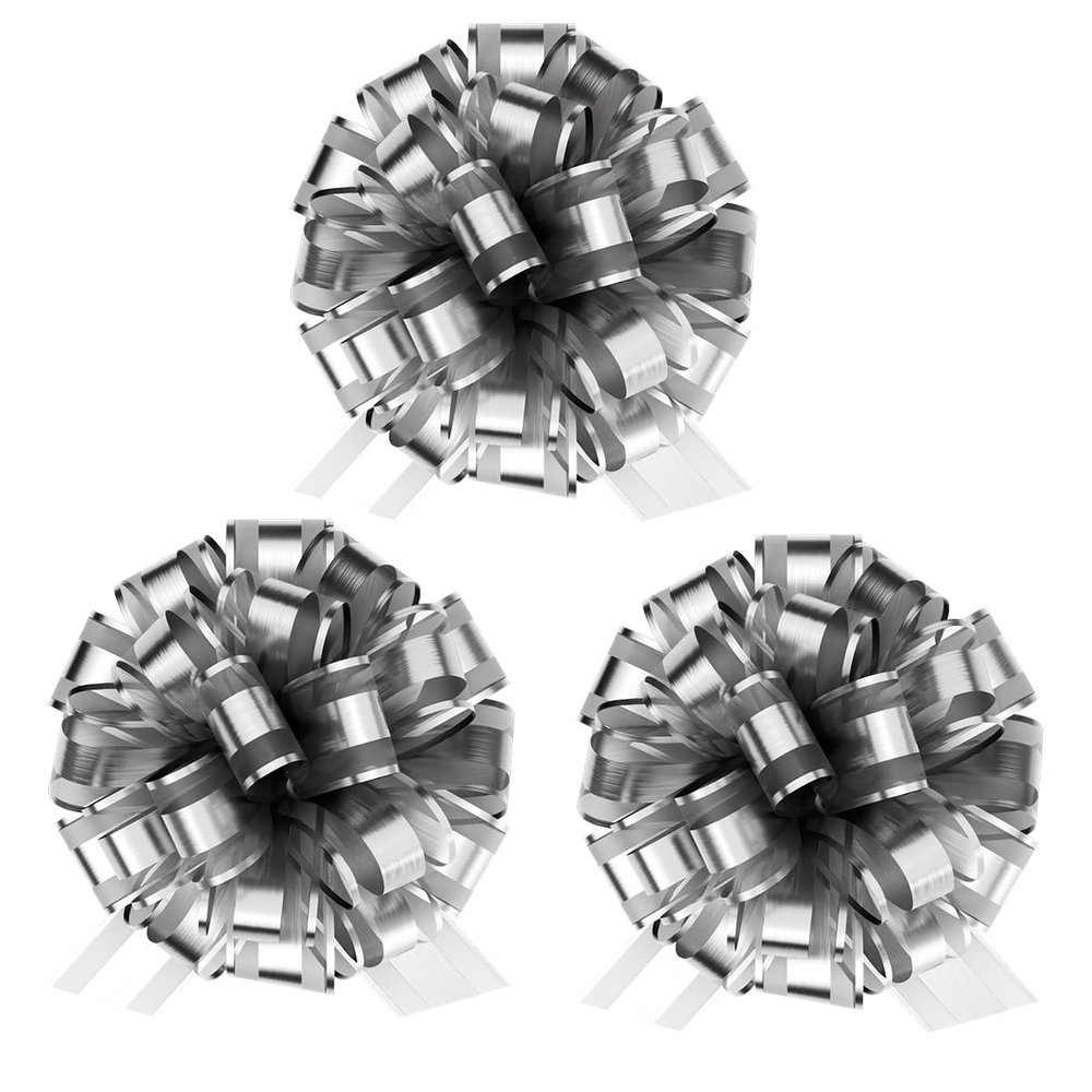 InstaBows 3-Pack 8-Inch Silver Organza Pull String Gift Bows Large Lace Ribbon Bows for Gift Wrapping, Oversized Presents, Toy Cars, Christmas, Birthdays & Special Occasions