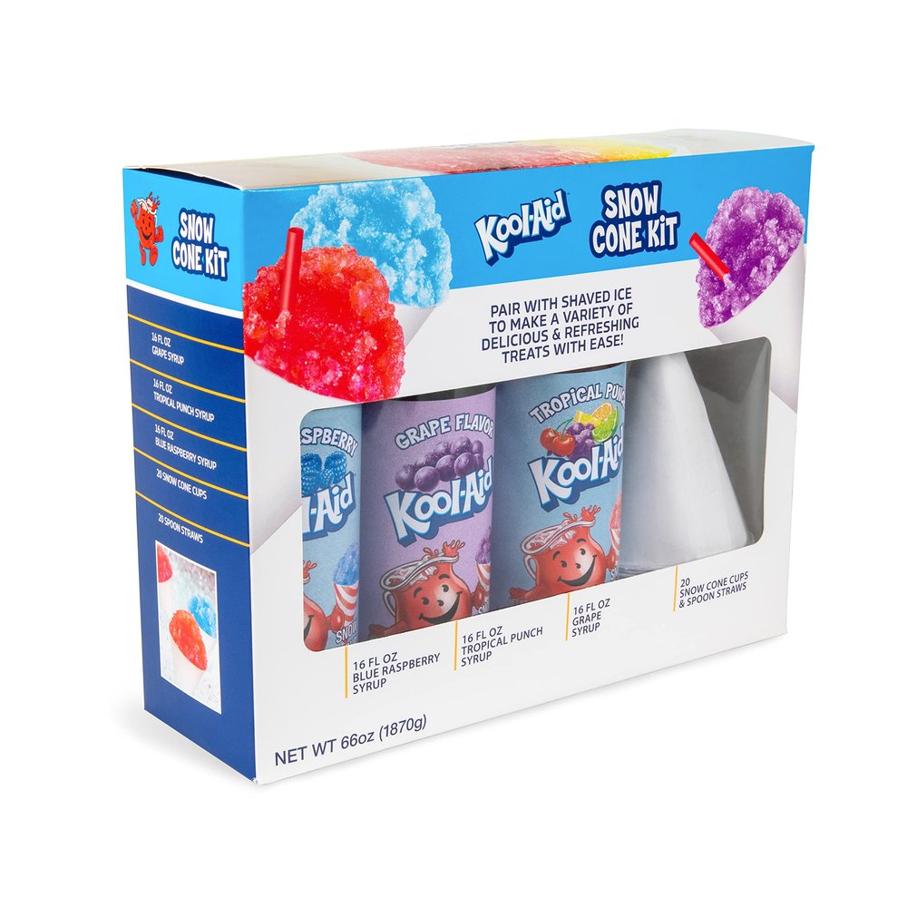 Nostalgia Kool-Aid Snow Cone Syrup Variety Pack 16-oz Bottles, 3 Flavors: Blue Raspberry, Tropical Punch, and Grape Paper Cups & Colored Spoon Straws Great for Birthdays, Pool Parties, and BBQs