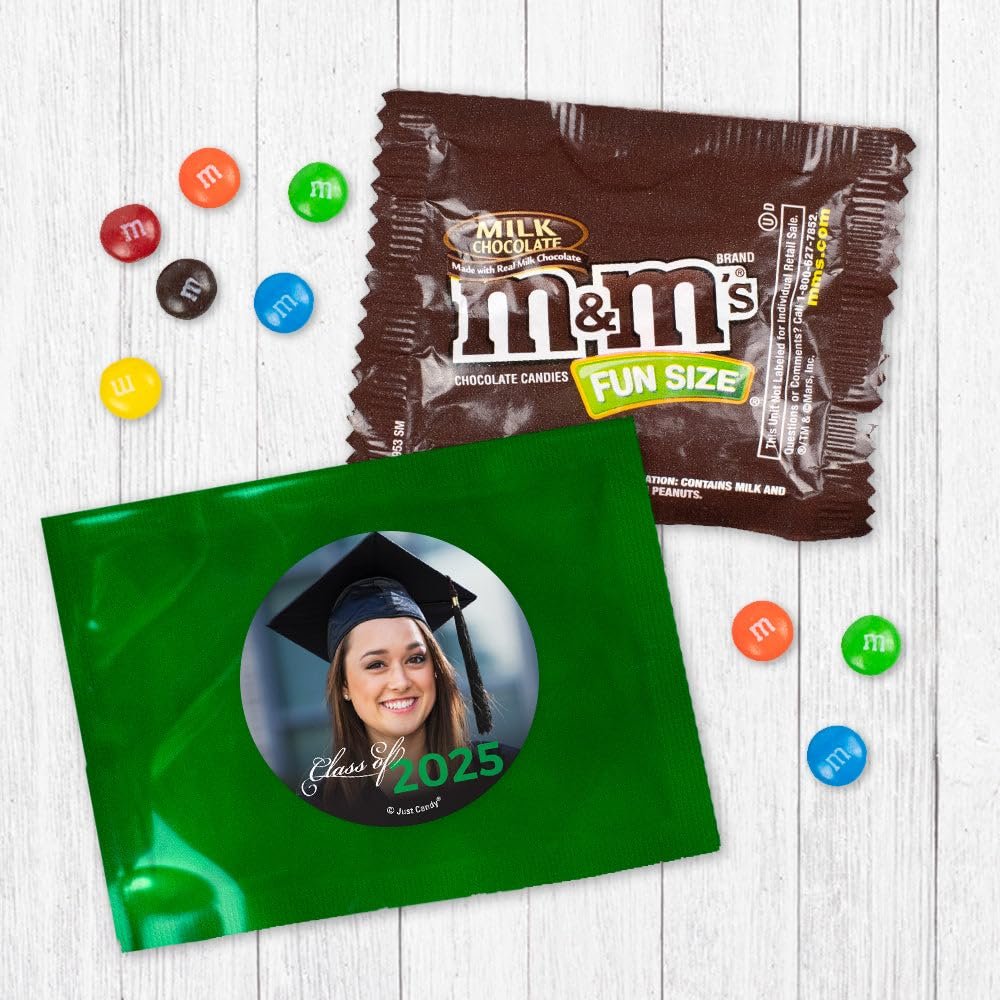 24ct Personalized Graduation Candy M&M's Fun Size Party Favors with Photo (24 Pack) - Class of 2025 - Green Foil (3x4in) - No Assembly Required