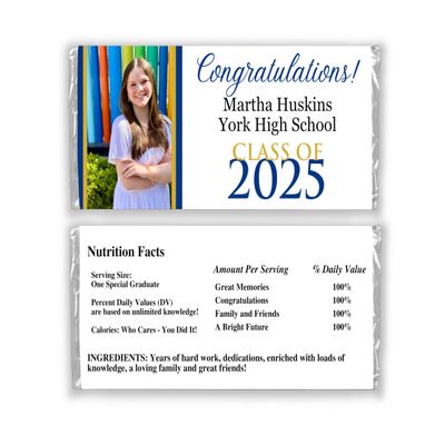 25 Graduation Candy Bar Wrappers Custom Photo, School Name & Year Perfect for Party Favors Fits Standard 1.55 oz Bars