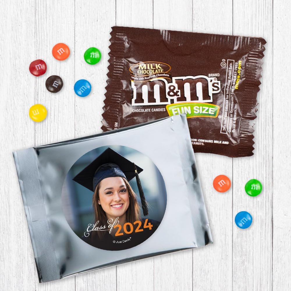 24ct Personalized Orange Graduation Candy M&M's Fun Size Party Favors with Photo (24 Pack) - Class of 2024 - Silver Foil (3x4in) - No Assembly Required