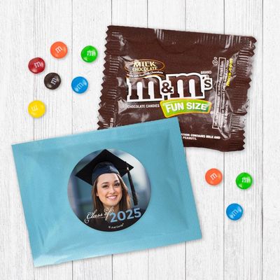24ct Personalized Graduation Candy M&M's Fun Size Party Favors with Photo (24 Pack) - Class of 2025 - Light Blue Foil (3x4in) - No Assembly Required