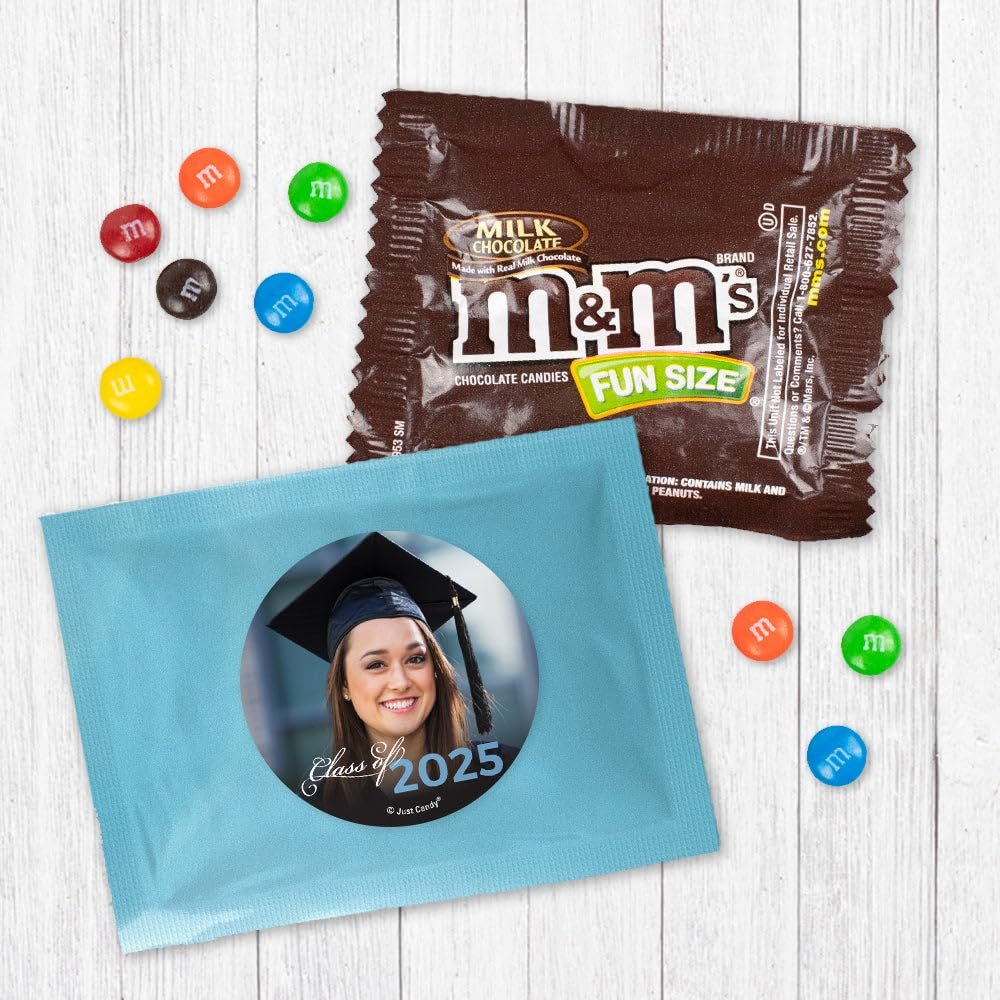 24ct Personalized Graduation Candy M&M's Fun Size Party Favors with Photo (24 Pack) - Class of 2025 - Light Blue Foil (3x4in) - No Assembly Required
