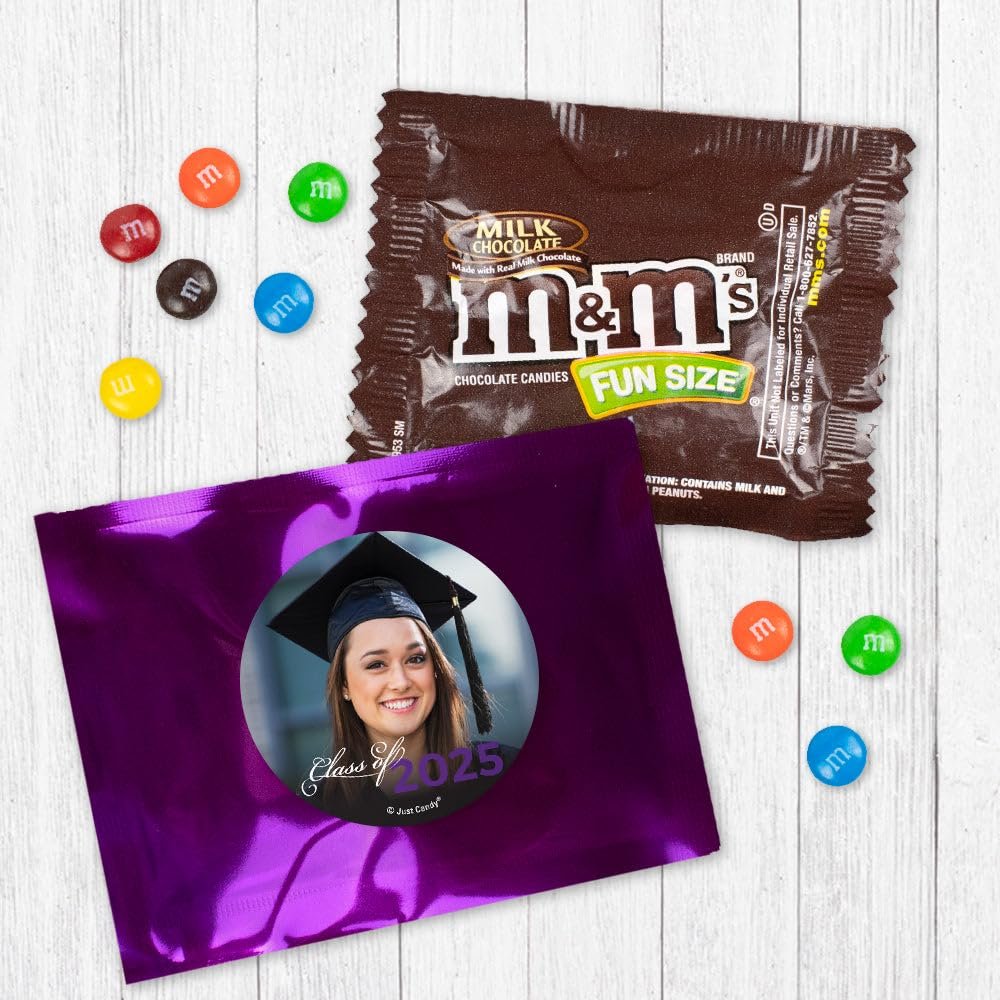 24ct Personalized Graduation Candy M&M's Fun Size Party Favors with Photo (24 Pack) - Class of 2025 - Purple Foil (3x4in) - No Assembly Required