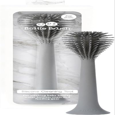 ezpz Bottle Brush (Gray) - Odor-Resistant Silicone Cleaning Tool with Long Sturdy Handle and Suction Base - Flexible Top for Tight Spaces - Gently Cleans Cups, Glasses, Bottles and Accessories