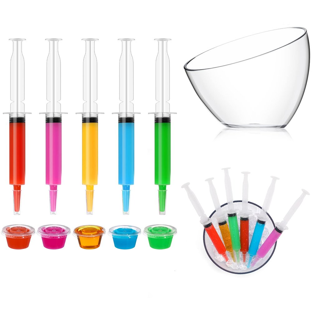 Boao 50 Pack Shot Set Include 24 Pcs 0.7 oz Shot Syringes 24 Pcs 2 oz Shot Cups with Lids and 2 Pcs 1 Liter Acrylic Bucket for Birthday Thanksgiving Halloween Christmas Bachelorette Theme Party