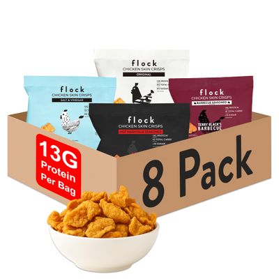 Flock Keto Chicken Skin Chips 4 Flavors Variety Pack, Low Carb, High Protein, Gluten-Free Chicken Crisps, Keto Snack, Low Carb Chips, Protein Crackers, Diet Snacks, 8-Pack (1oz)