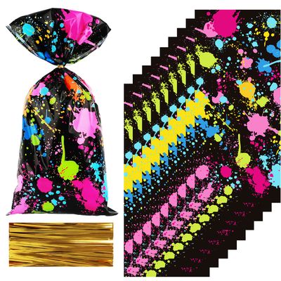 100 Pcs Neon Glow Party Candy Bags Plastic Treat Bags 10.6 x 4.8 Inch Colorful Goodie Bags Glow in the Dark Party Gift Bags Supplies Favors Slime Party with 100 Pieces Twist Ties Decorations
