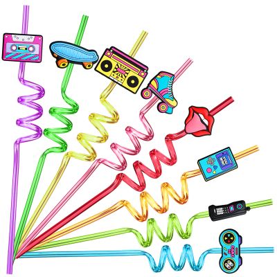 24 90s Party Favors 1990's Retro Element Straws for Back to The 90s Party Decorations Supplies with 2 PCS Straws Cleaning Brush