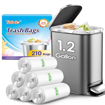 1.2 Gallon 210 Counts Strong Trash Bags Garbage Bags, Bathroom Trash Can Waste Basket Liners, Small Plastic Bags for home office kitchen, fit 5 Liter 5L, 1 Gal, Clear