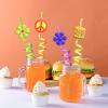 24 60's Hippie Theme Party Favors Retro Flower Cutouts Peace Drinking Straws for 60s Groovy Party Supplies Tie Dye Birthday Party Supplies with 2 PCS Straws Cleaning Brush view 4