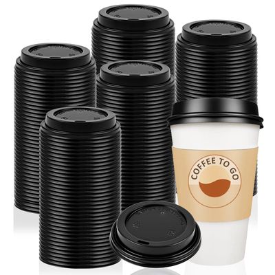 200 Pack Coffee Cup Lids Disposable Plastic Lid Hot/cold Beverage Drinking Cups for Water Dome Easy Flow Anti Spill Design Fits 10 to 24 oz and 8 oz Cups for Cafes, Office, Car, Home, Travel(Black)